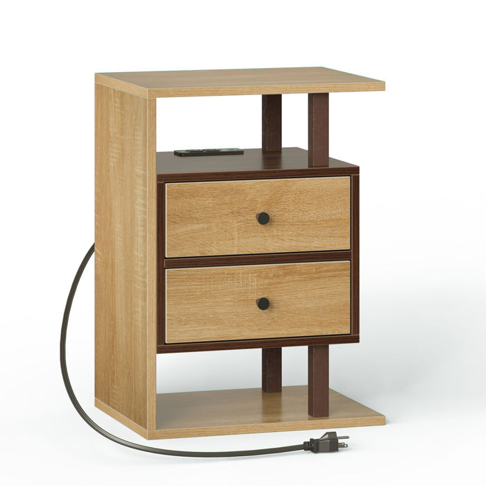 Walnut Nightstand with 2 Drawers USB Ports and Outlets