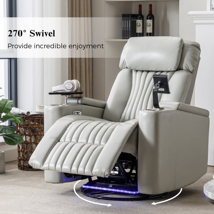 Gray 270° Power Swivel Recliner,Home Theater Seating With Hidden Arm Storage and LED Light Strip Cup Holder 360° Swivel Tray Table and Cell Phone Holder | lowrysfurniturestore