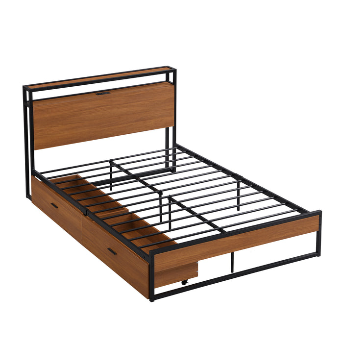 Full Size Metal Platform Bed Frame with Two Drawers,Sockets and USB Ports ,Slat Support No Box Spring Needed Black | lowrysfurniturestore