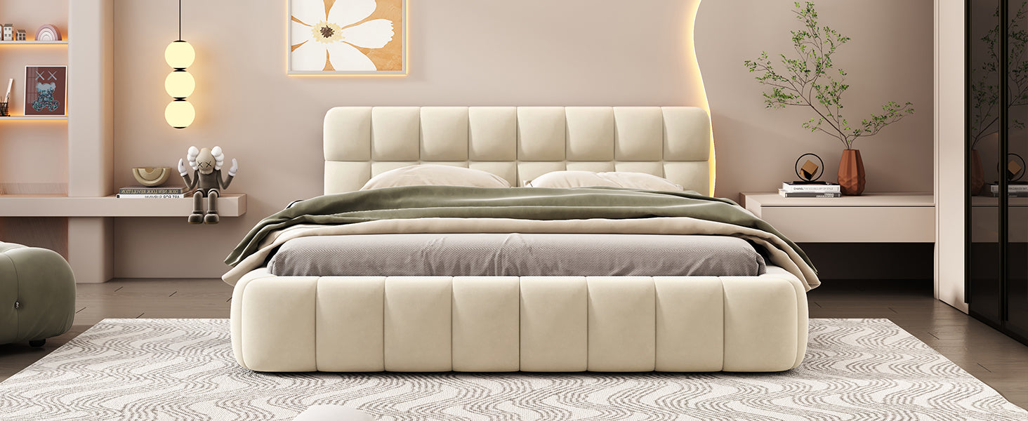 Queen Beige Upholstered Bed