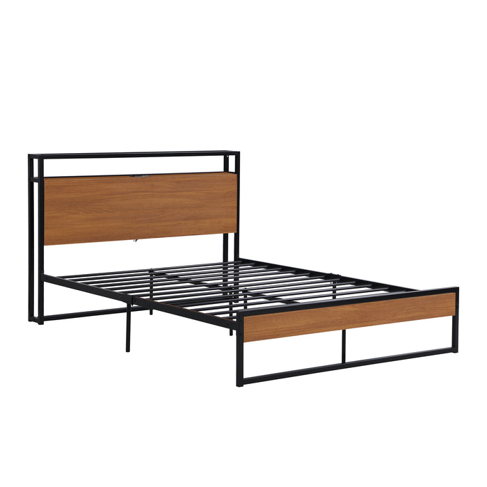 Full Size Metal Platform Bed Frame with Sockets, USB Ports and Slat Support ,No Box Spring Needed Black | lowrysfurniturestore