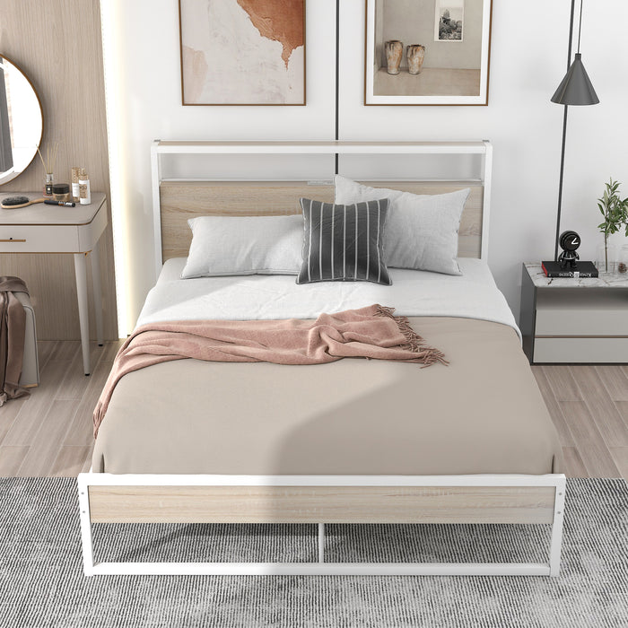 Queen White Metal Platform Bed Frame with USB Ports