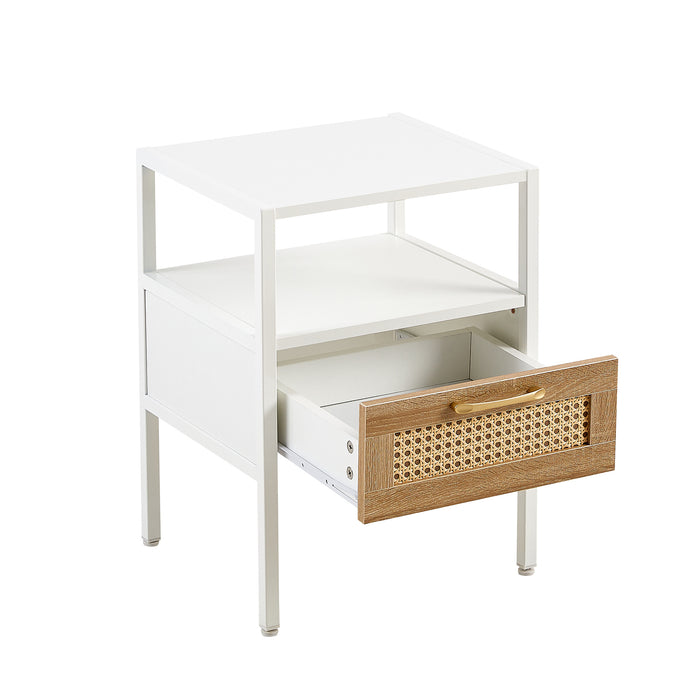 White Rattan End Table with Single Drawer and Metal Legs