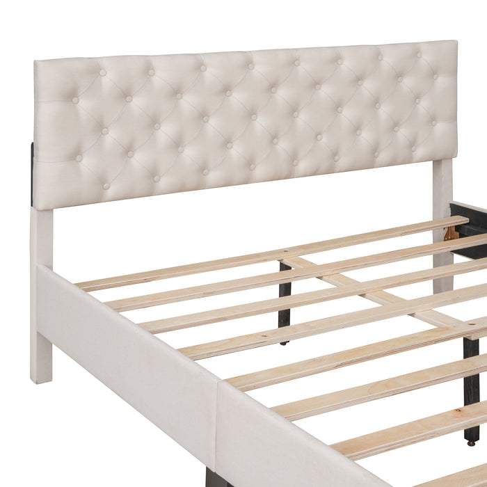 Queen Beige Upholstered Linen Platform Bed