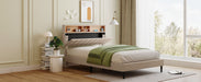 Full Beige Upholstered Platform Bed with Storage Headboard and USB Port lowrysfurniturestore