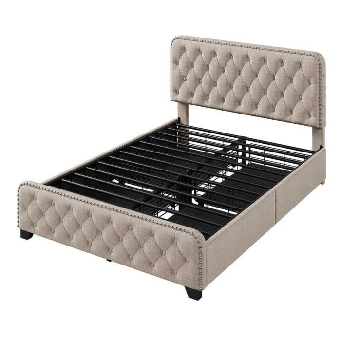 Upholstered Platform Bed Frame with Four Drawers, Button Tufted Headboard and Footboard Sturdy Metal Support, No Box Spring Required, Beige, Full (Old sku:BS300281AAA) | lowrysfurniturestore