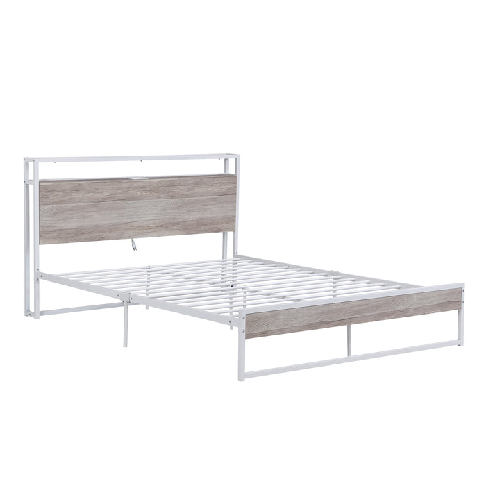 Queen White Metal Platform Bed Frame with USB Ports