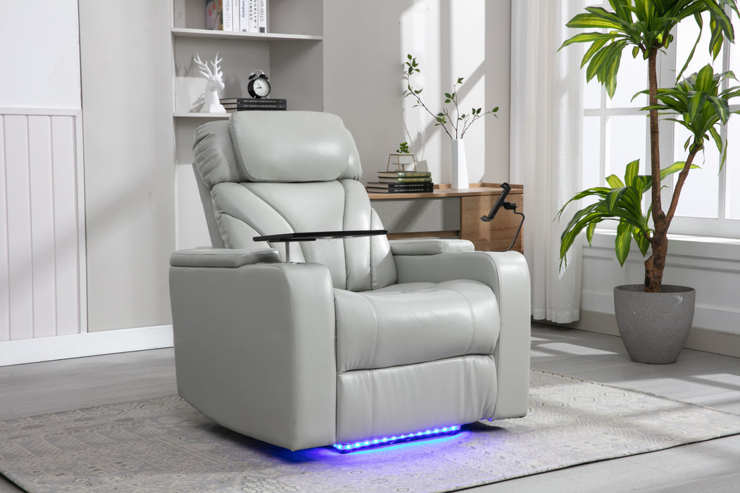 Light Gray Power Motion Recliner with USB Charging Port and Hidden Arm Storage Home Theater Seating with Convenient Cup Holder Design | lowrysfurniturestore