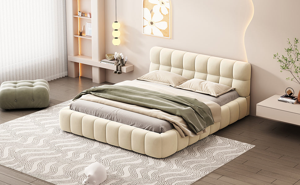 Queen Beige Upholstered Bed