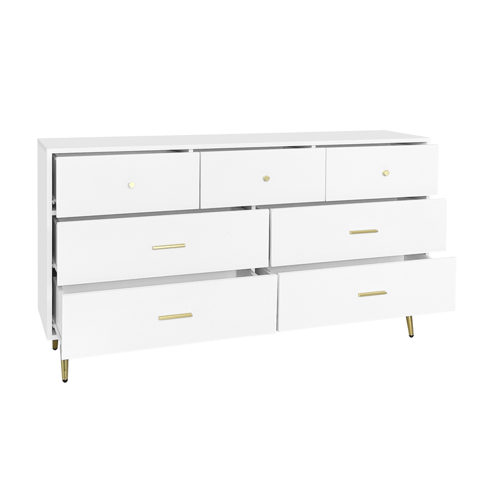 White 7-Drawer Chest with Golden Handles and Legs