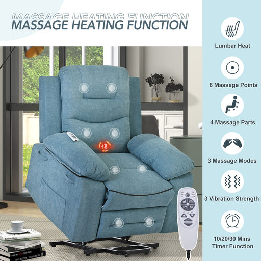 Lift Chair Blue with Adjustable Massage and Heating Function Recliner Chair with Infinite Position and Side Pocket lowrysfurniturestore