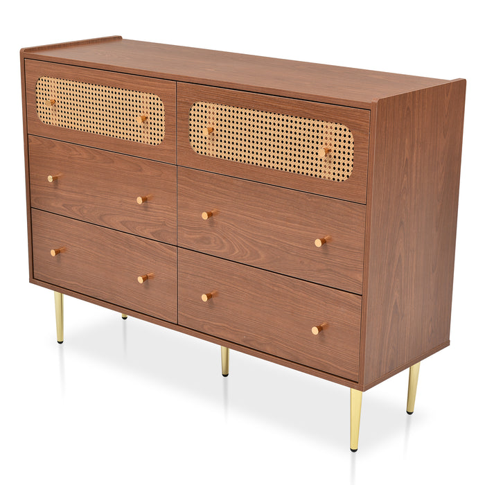 Dresser for Bedroom, Chest of Drawers, 6 Drawer Dresser, Floor Storage Drawer Cabinet for Home Office, Drawer chest of drawers rattan chest of drawers highboard with 6 drawers, walnut -H90/W120/D40 cm | lowrysfurniturestore