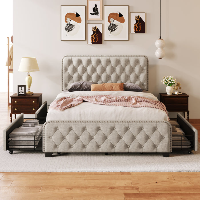 Upholstered Platform Bed Frame with Four Drawers, Button Tufted Headboard and Footboard Sturdy Metal Support, No Box Spring Required, Beige, Full (Old sku:BS300281AAA) | lowrysfurniturestore