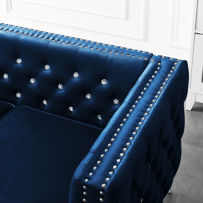 82.3" Width Modern Velvet Sofa Jeweled Buttons Tufted Square Arm Couch Blue,2 Pillows Included | lowrysfurniturestore