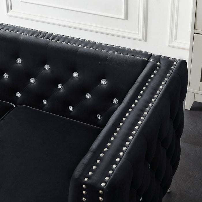 82.3" Width Modern Velvet Sofa Jeweled Buttons Tufted Square Arm Couch Black,2 Pillows Included | lowrysfurniturestore