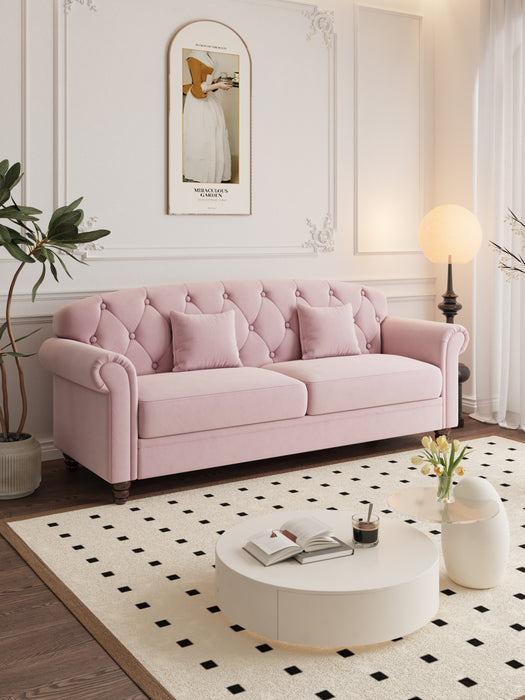 82" Velvet Pink Roll-up arm with buttons Living Room Apartment Studio Sofa | lowrysfurniturestore