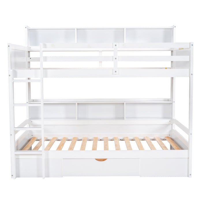 Twin Size Bunk Bed with Built-in Shelves Beside both Upper and Down Bed and Storage Drawer,White