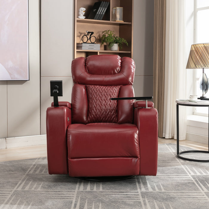 Red 270 Degree Swivel Faux Leather Power Recliner Home Theater Recliner Tray Table Phone Holder Cup Holder USB Port Hidden Arm Storage | lowrysfurniturestore