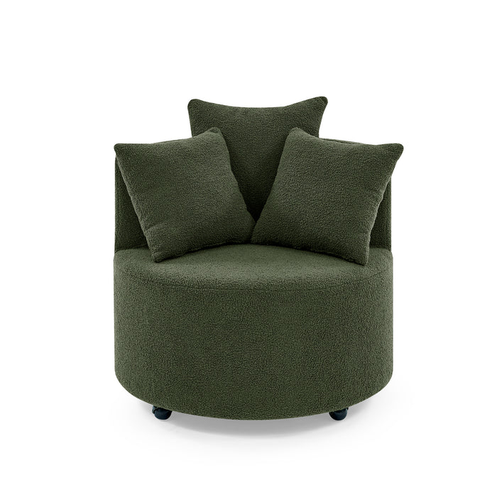Teddy Fabric Swivel Accent Backchair Upholstered Luxury Lounge Chair for Living Room Bedroom, with Movable Wheels, Including 3 Pillows,Green