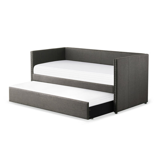 Twin Gray Fabric Upholstered Day Bed with Pull-out Trundle Nailhead Trim Wood Frame lowrysfurniturestore