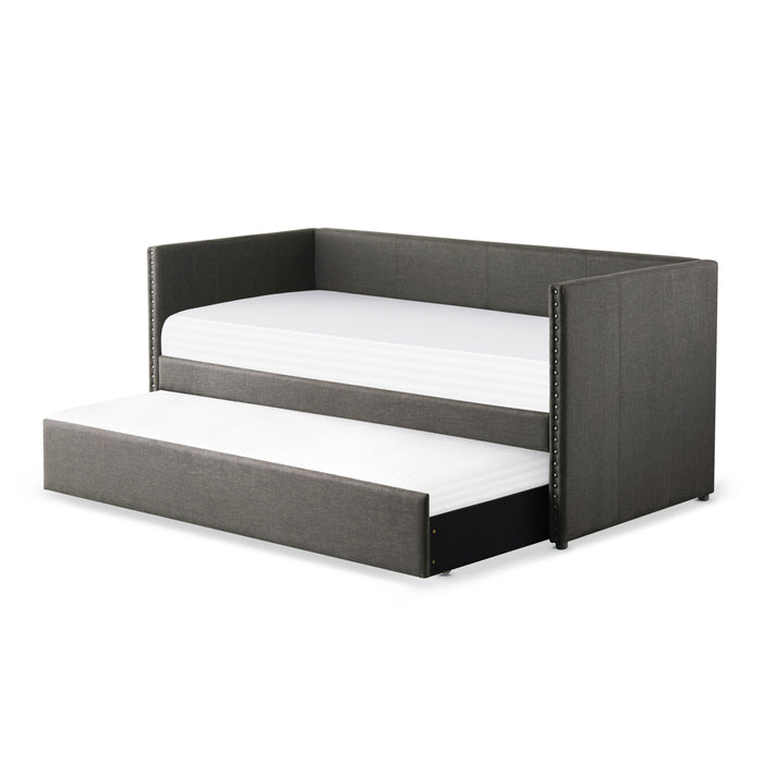 Twin Gray Fabric Upholstered 1pc Day Bed with Pull-out Trundle Nailhead Trim Wood Frame Furniture | lowrysfurniturestore
