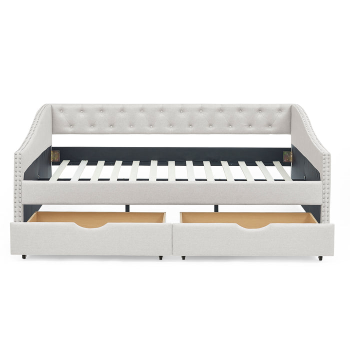Full Size Daybed with Drawers Upholstered Tufted Sofa Bed, with Button on Back and Copper Nail on Waved Shape Arms，Beige（80.5“x55.5”x27.5“）