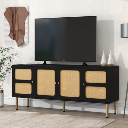 ON-TREND TV Stand with Rattan Door, Woven Media Console Table for TVs Up to 70”, Black with Gold Metal Base lowrysfurniturestore