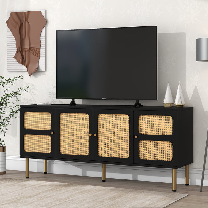 ON-TREND TV Stand with Rattan Door, Woven Media Console Table for TVs Up to 70”, Black with Gold Metal Base | lowrysfurniturestore