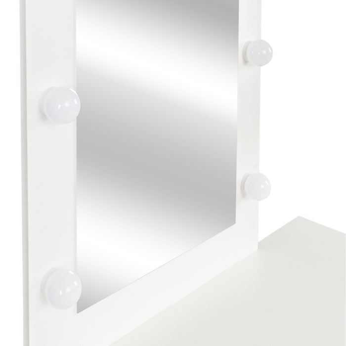 White modern simple vanity, solid metal frame construction, 9 LED lights illuminate makeup mirror, adjustable brightness
