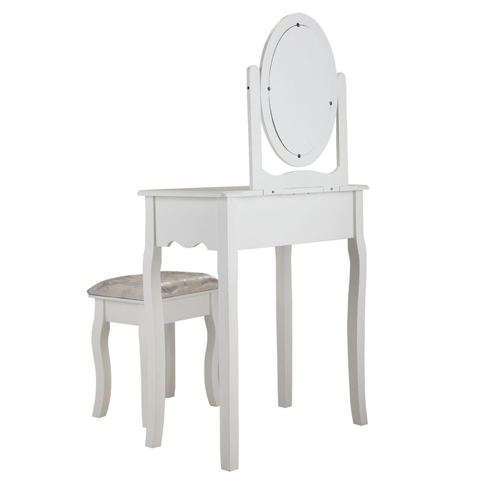 Vanity Table and Chair Set, Makeup Dressing Table with 360° Rotating Mirror and Large Drawer - White