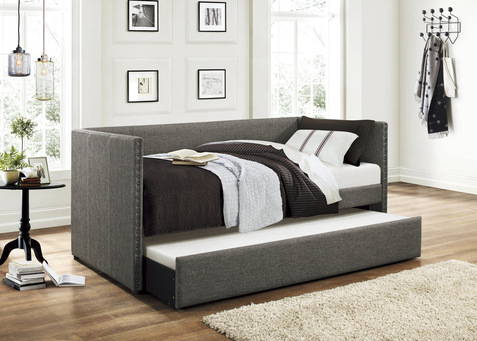 Gray Fabric Upholstered 1pc Day Bed with Pull-out Trundle Nailhead Trim Wood Frame Furniture