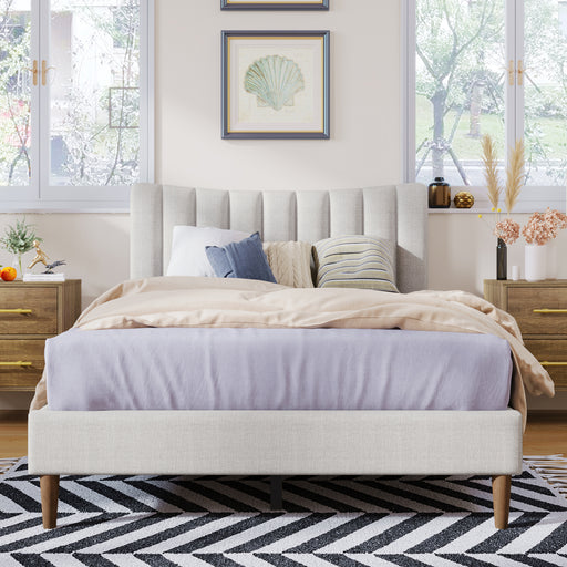 Upholstered Platform Bed Frame with Vertical Channel Tufted Headboard, No Box Spring Needed, Full, Cream | lowrysfurniturestore