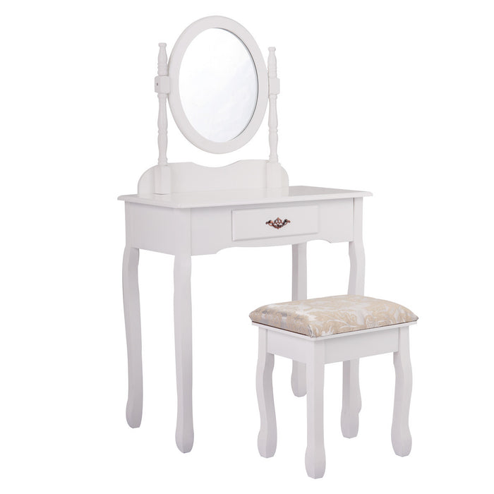 Vanity Table and Chair Set, Makeup Dressing Table with Mirror and Large Drawer, Thick Padded Stool - White