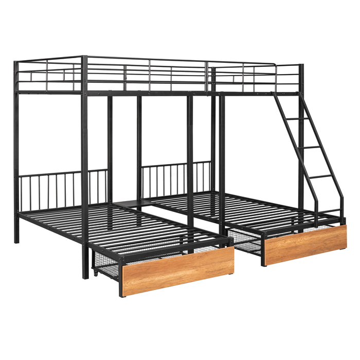 Black Full Over Twin & Twin Bunk Bed Metal Triple Bunk Bed with Drawers and Guardrails lowrysfurniturestore