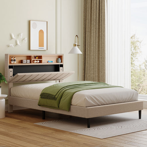 Full Beige Upholstered Platform Bed with Storage Headboard and USB Port lowrysfurniturestore