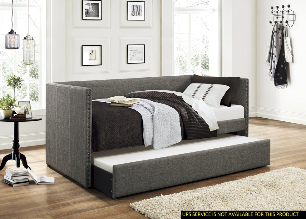 Twin Gray Fabric Upholstered 1pc Day Bed with Pull-out Trundle Nailhead Trim Wood Frame Furniture | lowrysfurniturestore