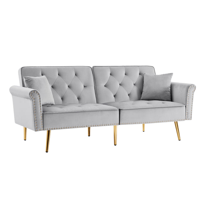 Modern Velvet Tufted Sofa Couch with 2 Pillows and Nailhead Trim, Loveseat Sofa Futon Sofa Bed with Metal Legs for Living Room.