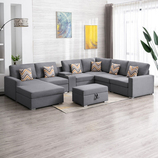 Nolan Gray Linen Fabric 8Pc Reversible Chaise Sectional Sofa with Interchangeable Legs, Pillows, Storage Ottoman, and a USB, Charging Ports, Cupholders, Storage Console Table lowrysfurniturestore