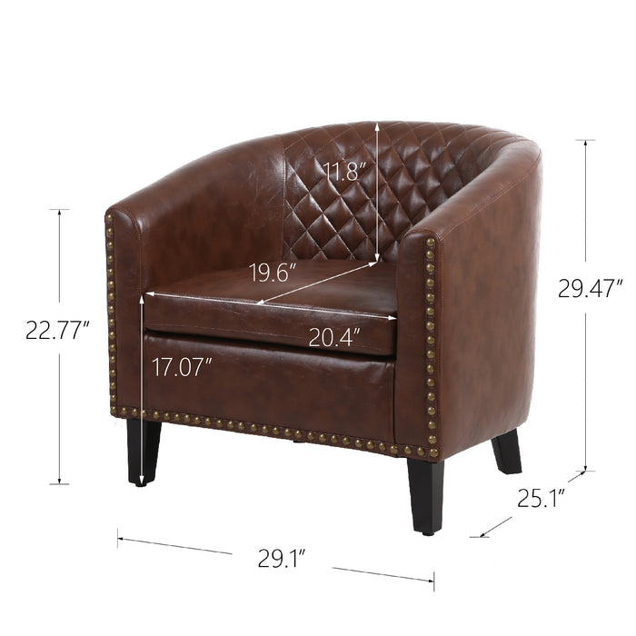 Accent Barrel chair living room chair with nailheads and solid wood legs Brown pu leather | lowrysfurniturestore
