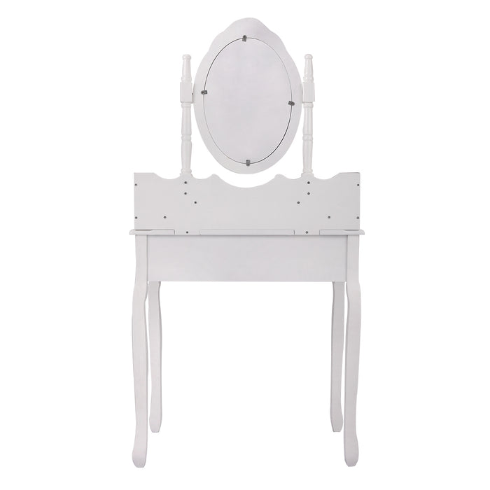 Vanity Table and Chair Set, Makeup Dressing Table with 360-degree-rotating Mirror and 4 Drawers, Thick Padded Stool - White