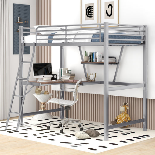Twin Size Loft Bed with Desk and Shelf, Silver lowrysfurniturestore