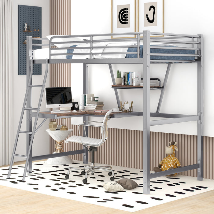 Twin Size Loft Bed with Desk and Shelf, Silver | lowrysfurniturestore
