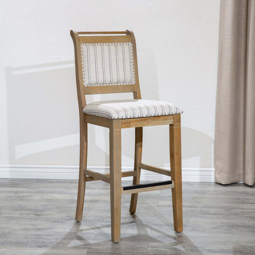 30" Bar Stool, Rustic Gray Finish, Gray Stripe Fabric Seat