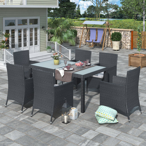 7 pc Black Outdoor Wicker Dining Set with Cushions lowrysfurniturestore