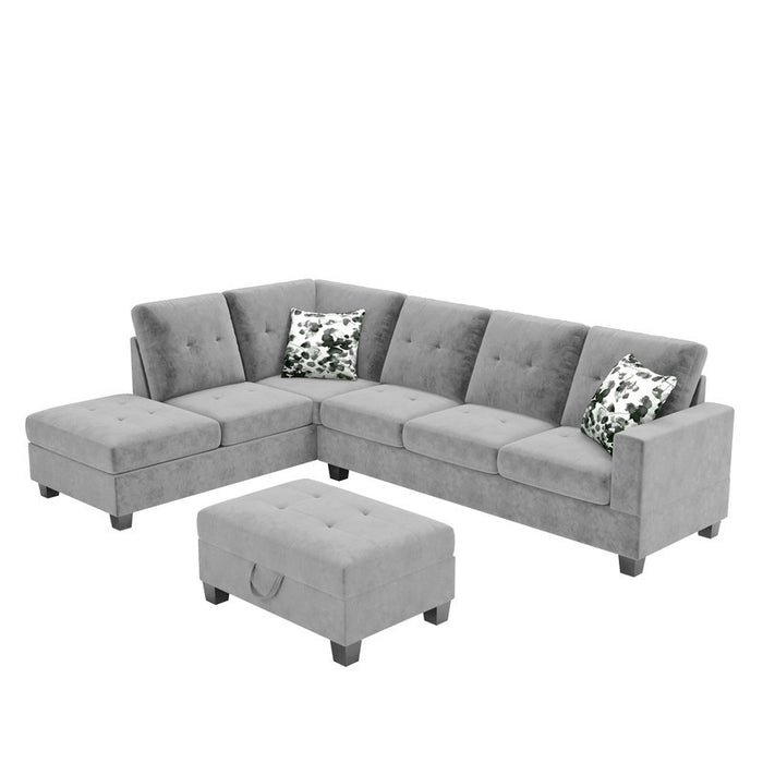 Remi Light Gray Velvet Reversible Sectional Sofa with Dropdown Table, Charging Ports, Cupholders, Storage Ottoman, and Pillows