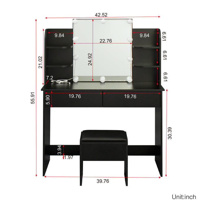 Modern Dressing table with 2 Drawers, 4 open shelves，Rectangular Makeup Table with Mirror, 10-lamp bulb,,42.52*15.75* 52.76inch,for Bedroom, Black
