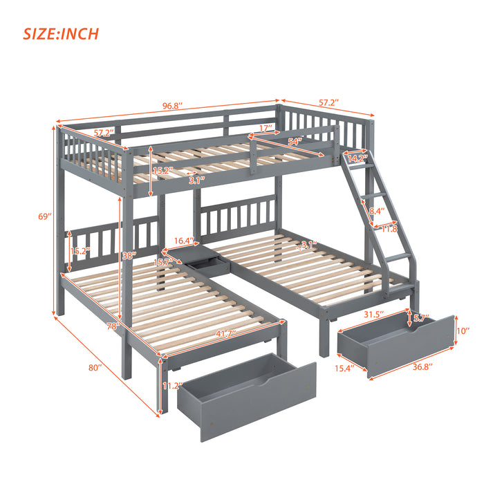 Full Over Twin & Twin Bunk Bed, Wood Triple Bunk Bed with Drawers and Guardrails