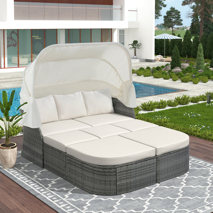 U-Style Beige Sunbed Outdoor Patio Furniture Set with Retractable Canopy