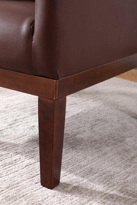 PU Leather Accent Chair, Upholstered Lounge Sofa Armchair, Comfortable Armchair with Wooden Legs in Log Color, Modern Button Reading Chair for Bedroom Living Room, Dark Brown