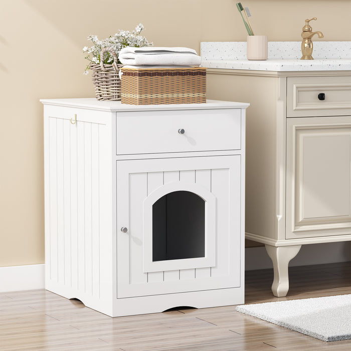 Wooden Pet House Cat Litter Box Enclosure with Drawer, Side Table, Indoor Pet Crate, Cat Home Nightstand (White) lowrysfurniturestore